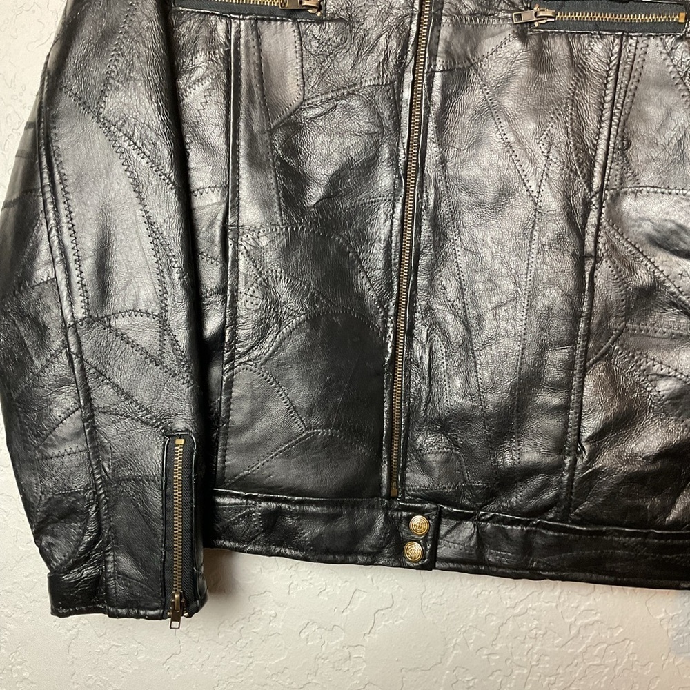 M. Collection Women’s Black Leather Patchwork Zip Up Bomber Jacket Sz Med - Picture 5 of 15